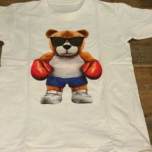 Don Teddy White T-Shirt with Boxing Bear Graphic with “Champ” at the back
